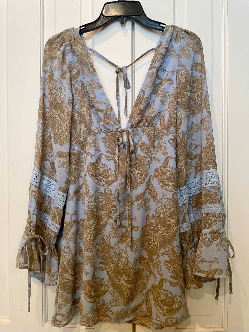Urban Outfitters Light Blue and Tan Paisley Tie-Front dress